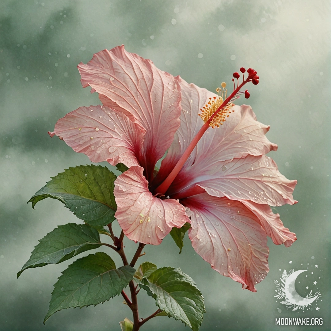 Спокойный цветок гибискуса, окруженный туманом и блестками, нежного шалфейного цвета.