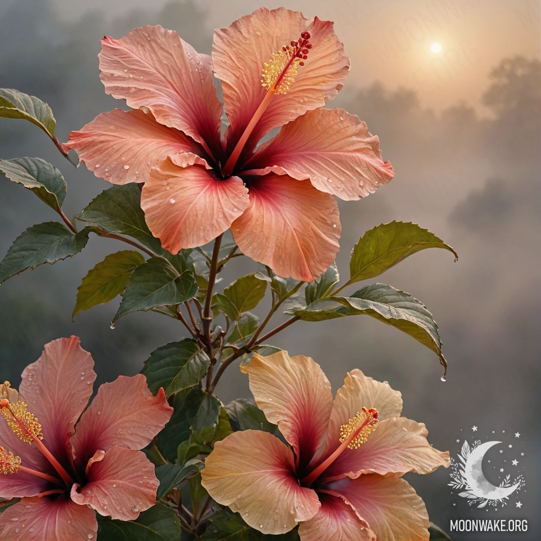 Акварельная картина цветка гибискуса в тумане на закате, украшенная стразами, оливкового цвета.