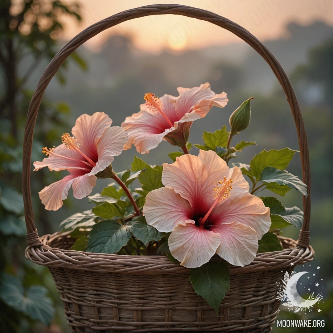 Спокойный цветок гибискуса в корзине, окутанный туманом на закате.