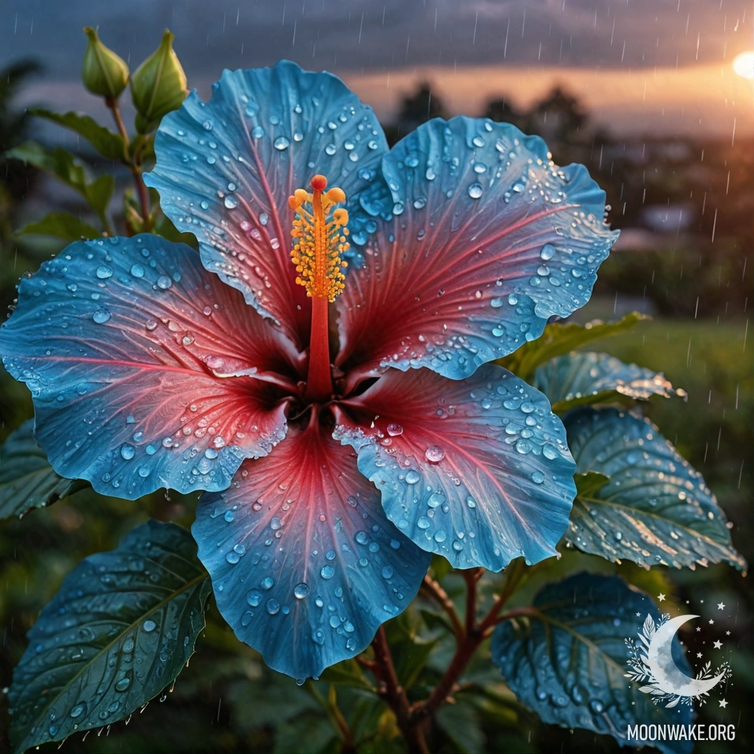 Голубой цветок гибискуса, сверкающий от дождя на закате.