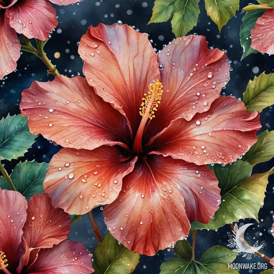 Успокаивающий цветок гибискуса, украшенный каплями росы, ночью, отражающий цвета морской волны.
