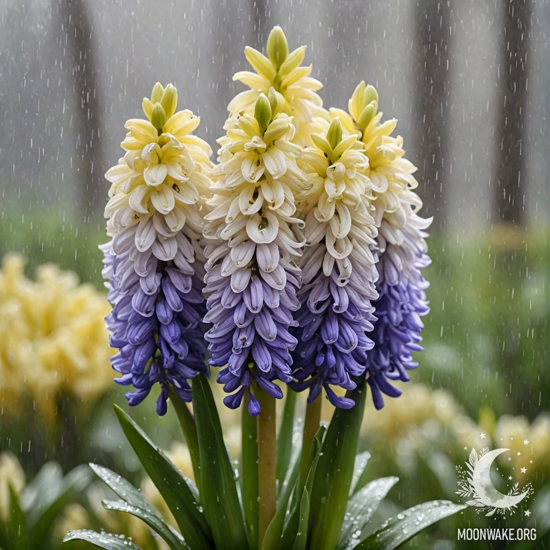 Букет кремово-желтых гиацинтов, окруженный туманом и дождем.