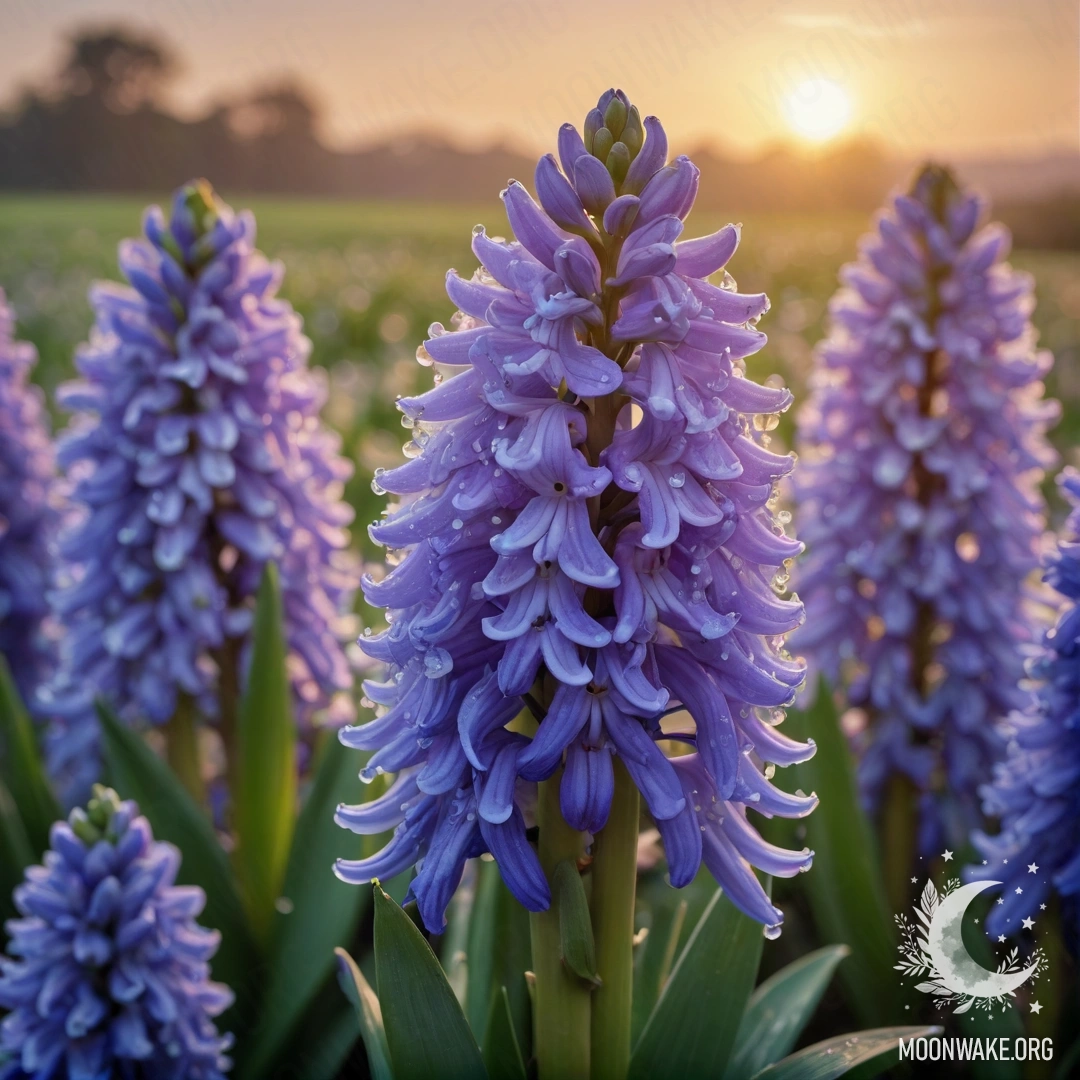 Безмятежный гиацинт с росинками, мерцающими в свете заката.