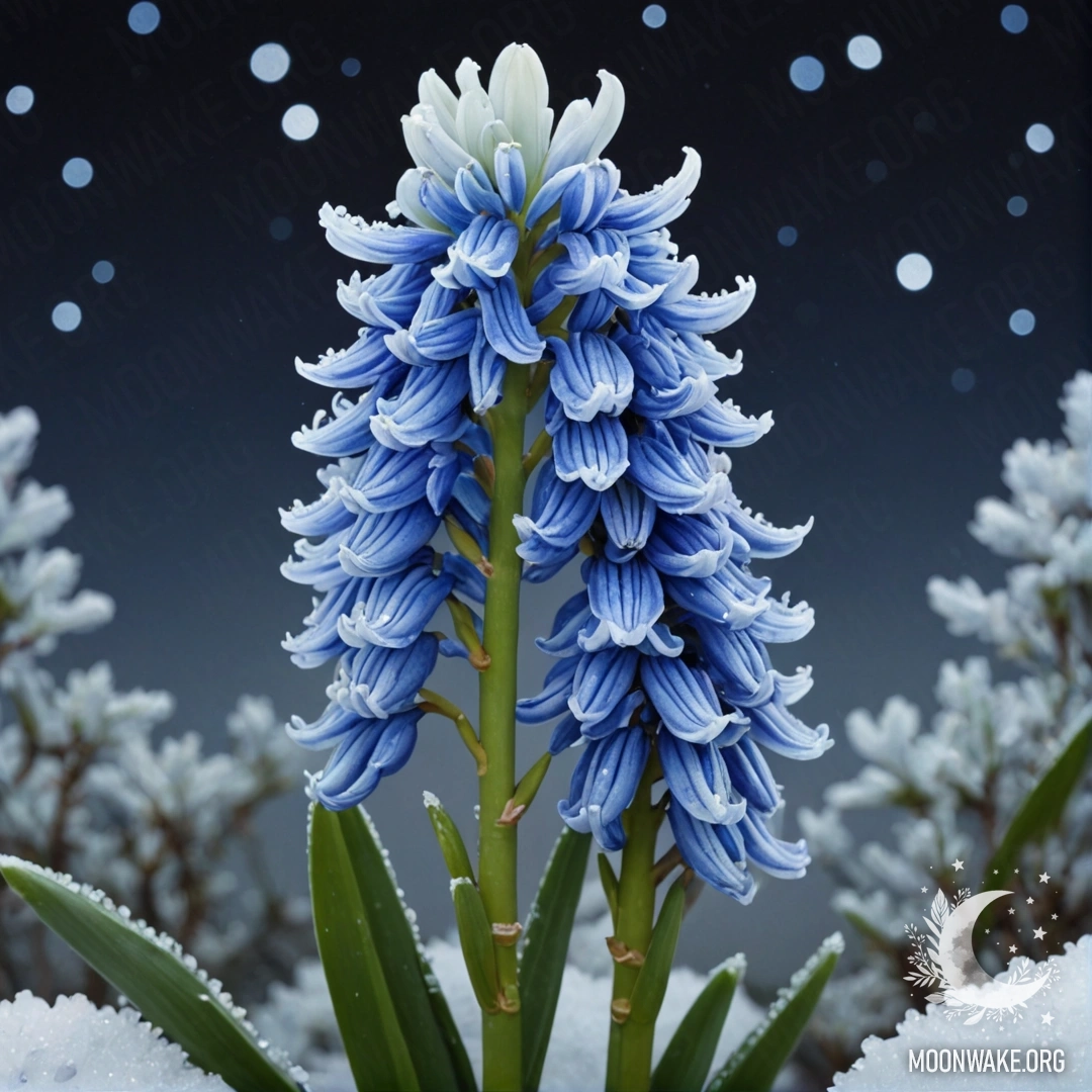 Нежный аквамариновый гиацинт, покрытый морозом, под звездным небом.