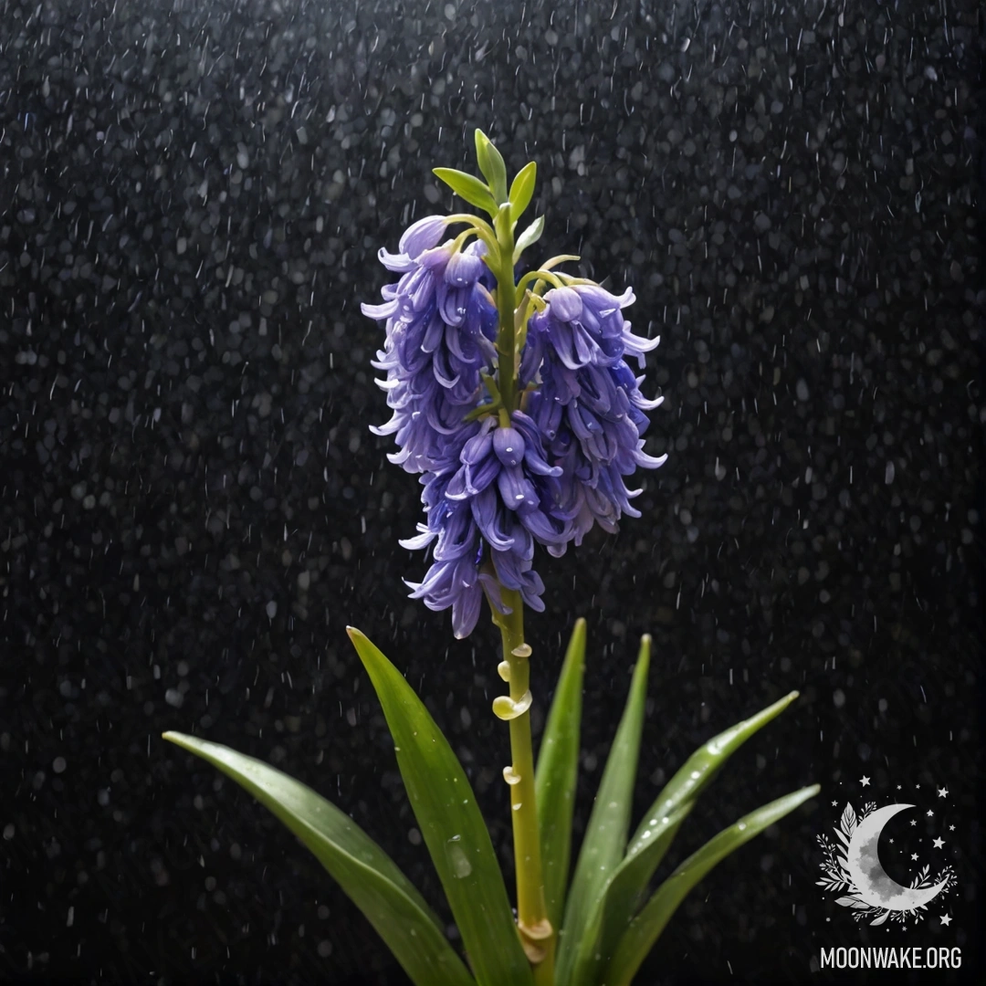 Цветок гиацинта с каплями дождя на лепестках на фоне ночного неба.