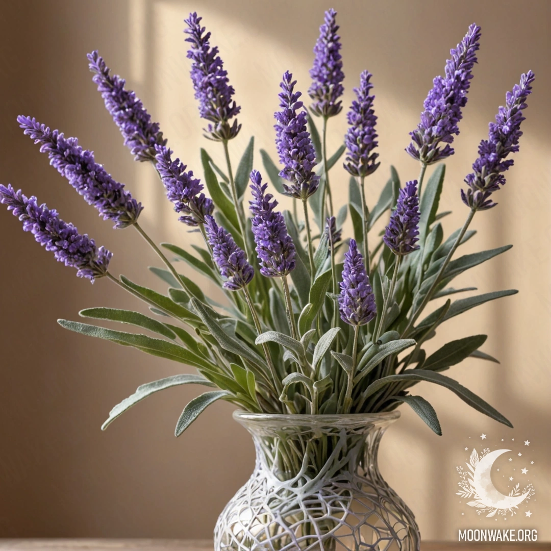 Картина с спокойной лавандой и паутиной в вазе цвета шалфея.