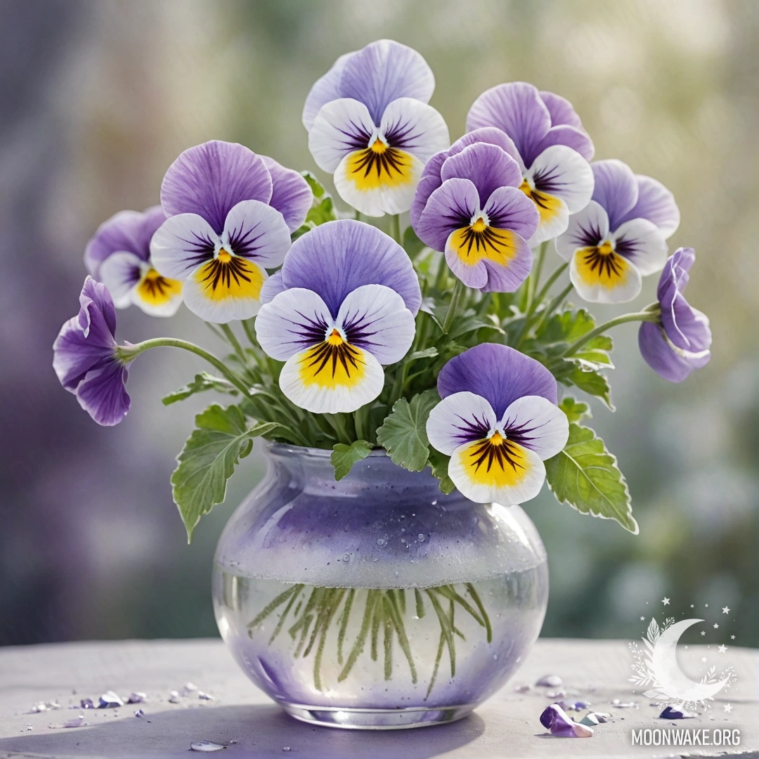 Ваза с лавандовыми фиалками, окружённая инеем.