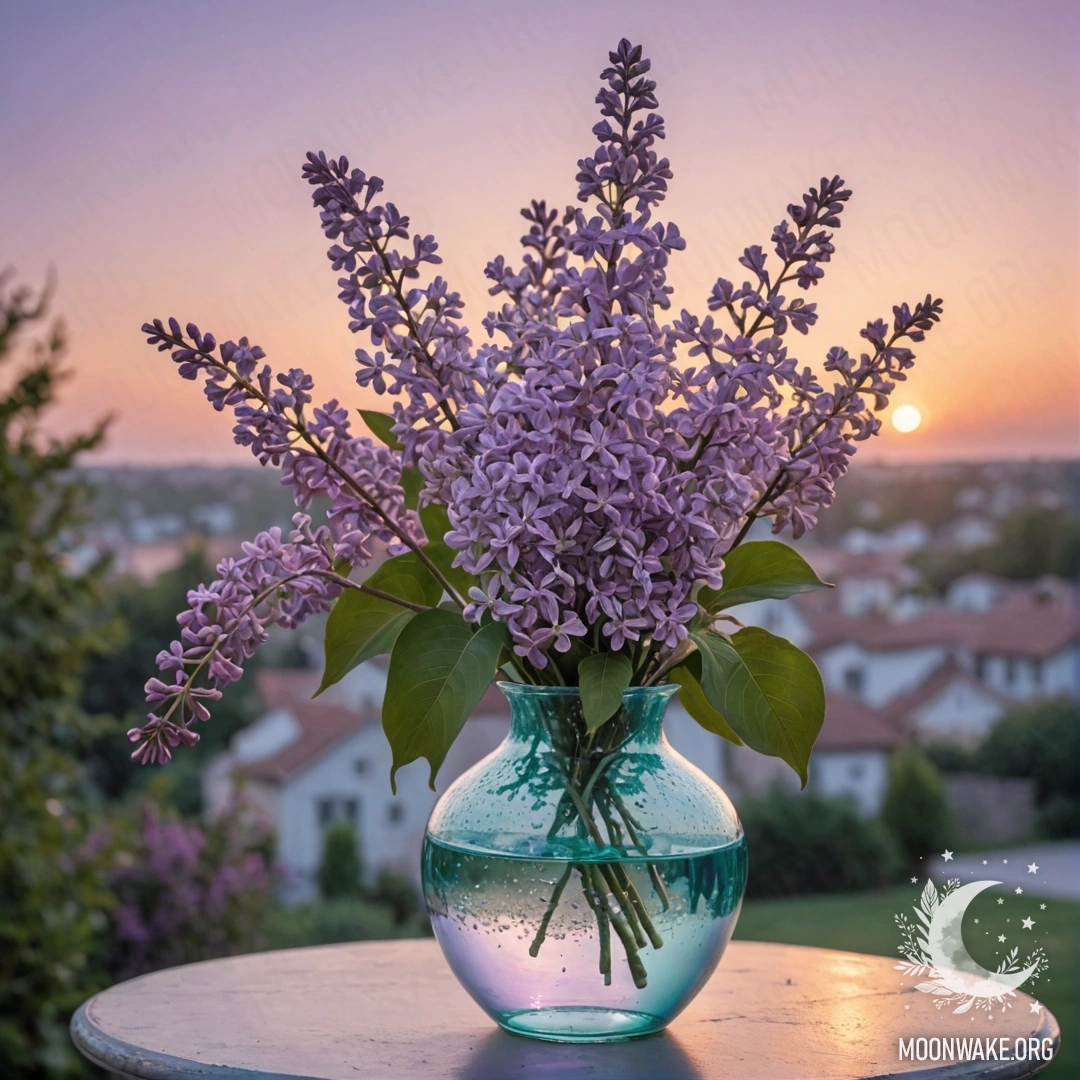 Спокойный букет сирени в аквамариновой вазе на фоне заката.