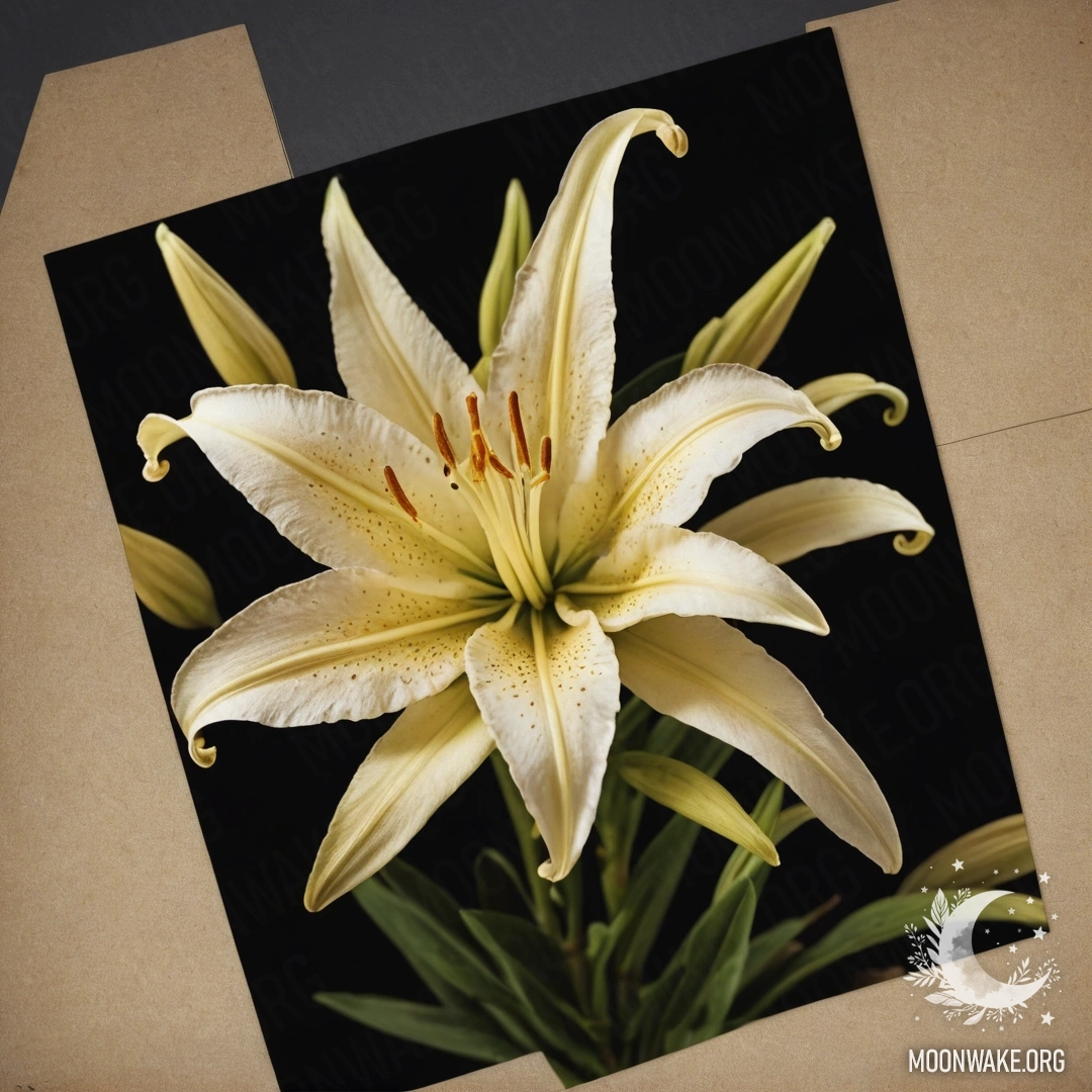 Мирный букет лилий, украшенный тонкой паутиной под ночным небом, излучающий винтажные золотые оттенки.