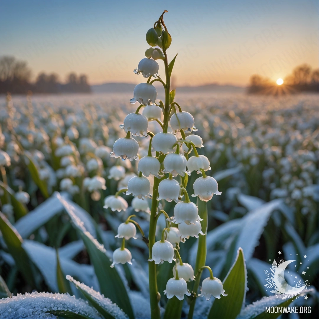 Спокойный вид на лилию долины, окруженную морозом на закате.