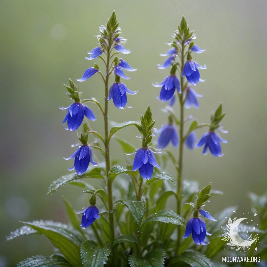Безмятежный образ зелёной лобелии, окружённой мягким туманом и сверкающими стразами, вызывающий чувство спокойствия.