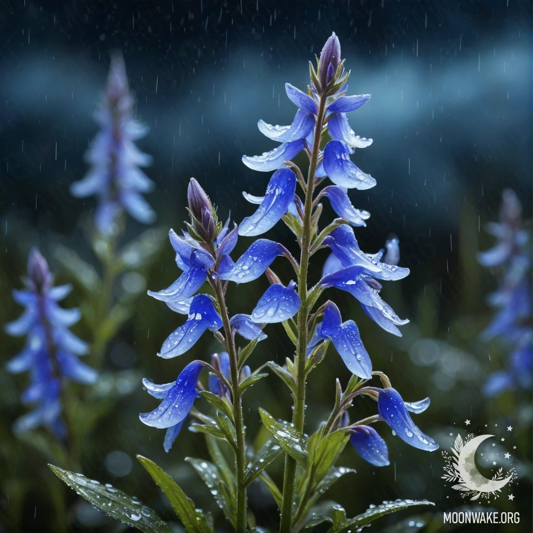 Спокойная акварельная картина с цветами лобелии под дождём ночью.