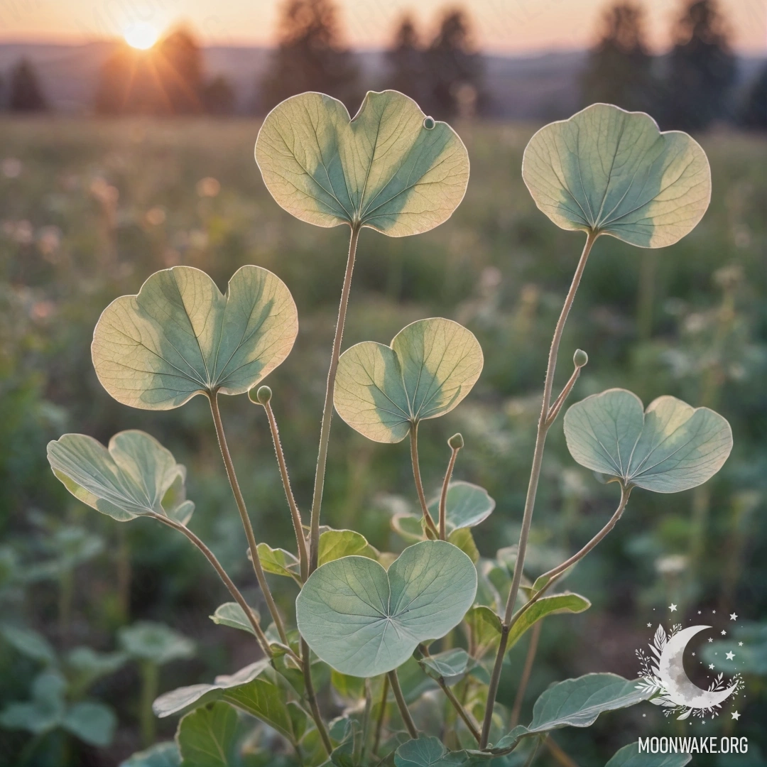 Умиротворяющая акварельная картина с цветами лунарии на фоне закатного неба цвета шалфея.