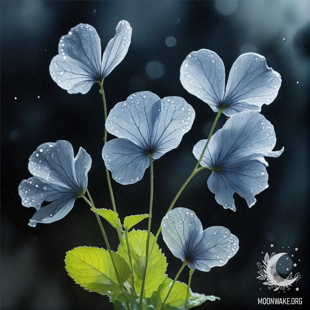 Спокойный букет лунарии под туманным дождем ночью, в оттенках моря и нежном стиле акварели.