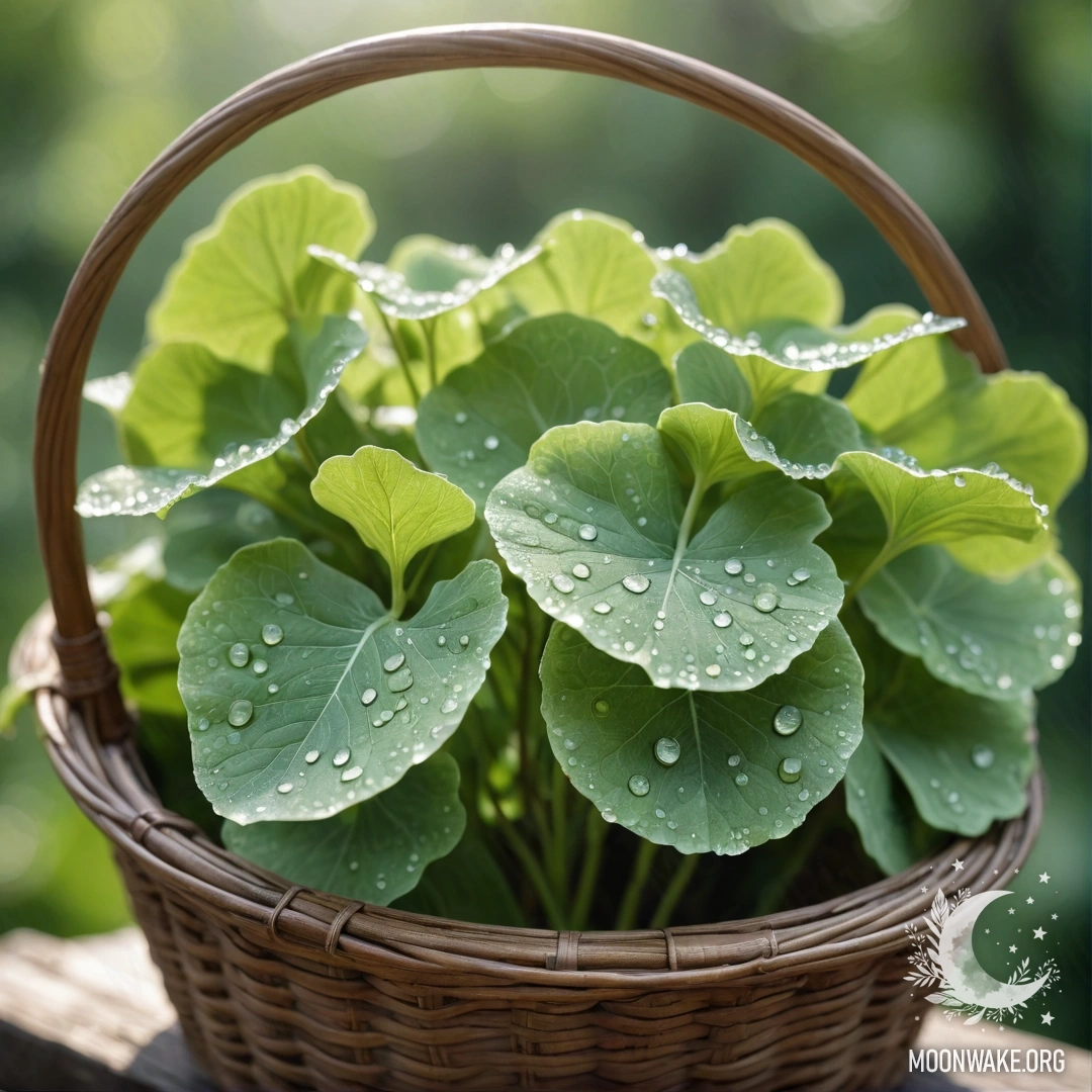 Корзина, наполненная зеленой лунарии с каплями росы, залитой солнечными лучами.