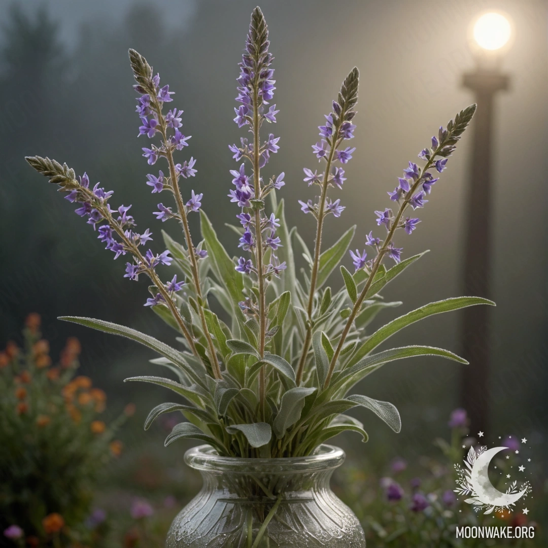 Спокойный пейзаж с голубыми цветами лунарии, окруженными туманом и солнечными лучами.