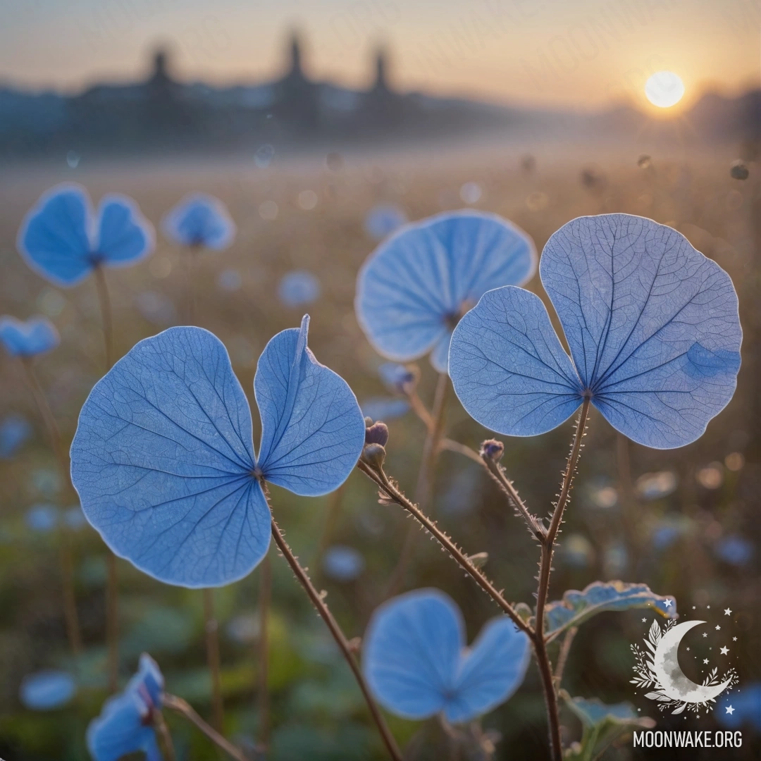 Туманный закат с нежными голубыми цветами лунарии, искрящимися блестками.