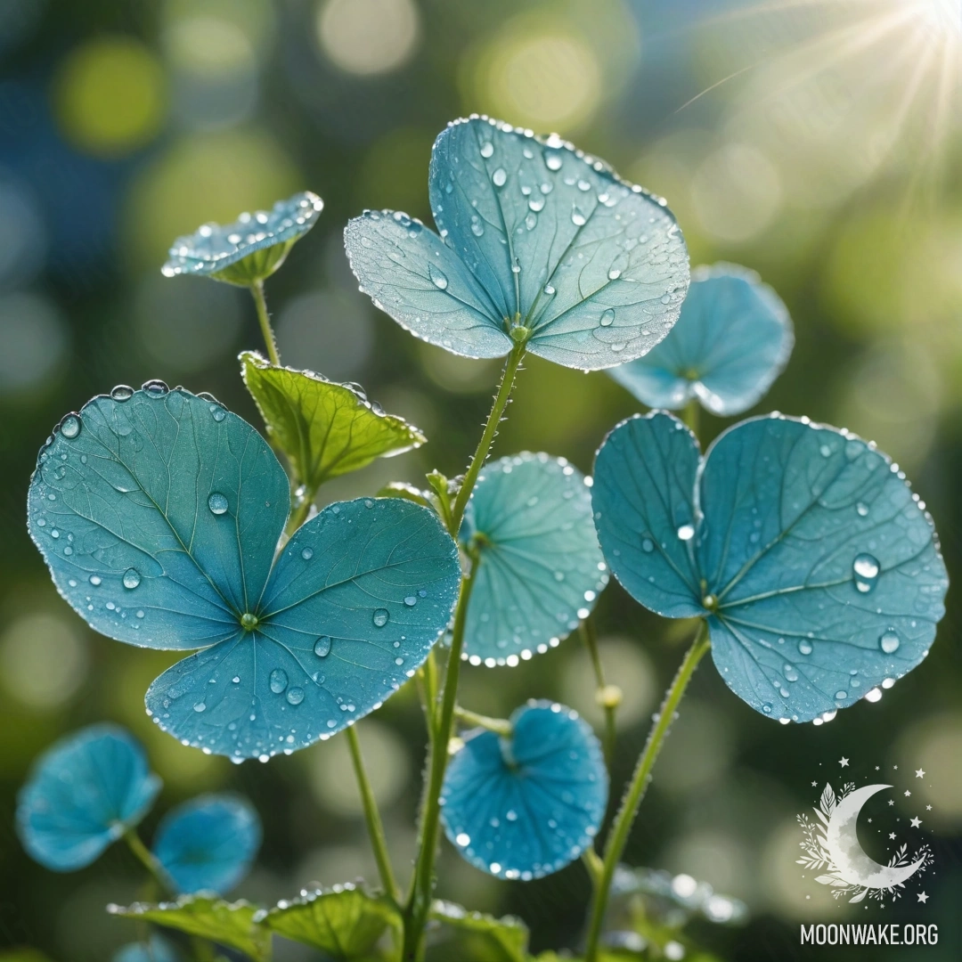 Спокойное изображение листьев лунарии, украшенных росинками, в мягком солнечном свете.