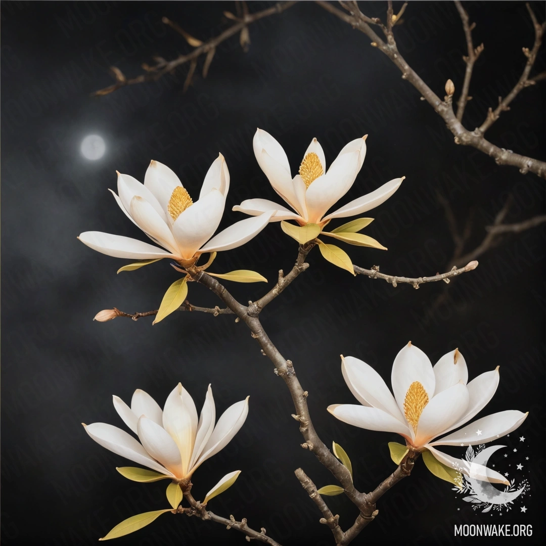 Безмятежное дерево магнолии в дымке ночи, с золотыми узорами.