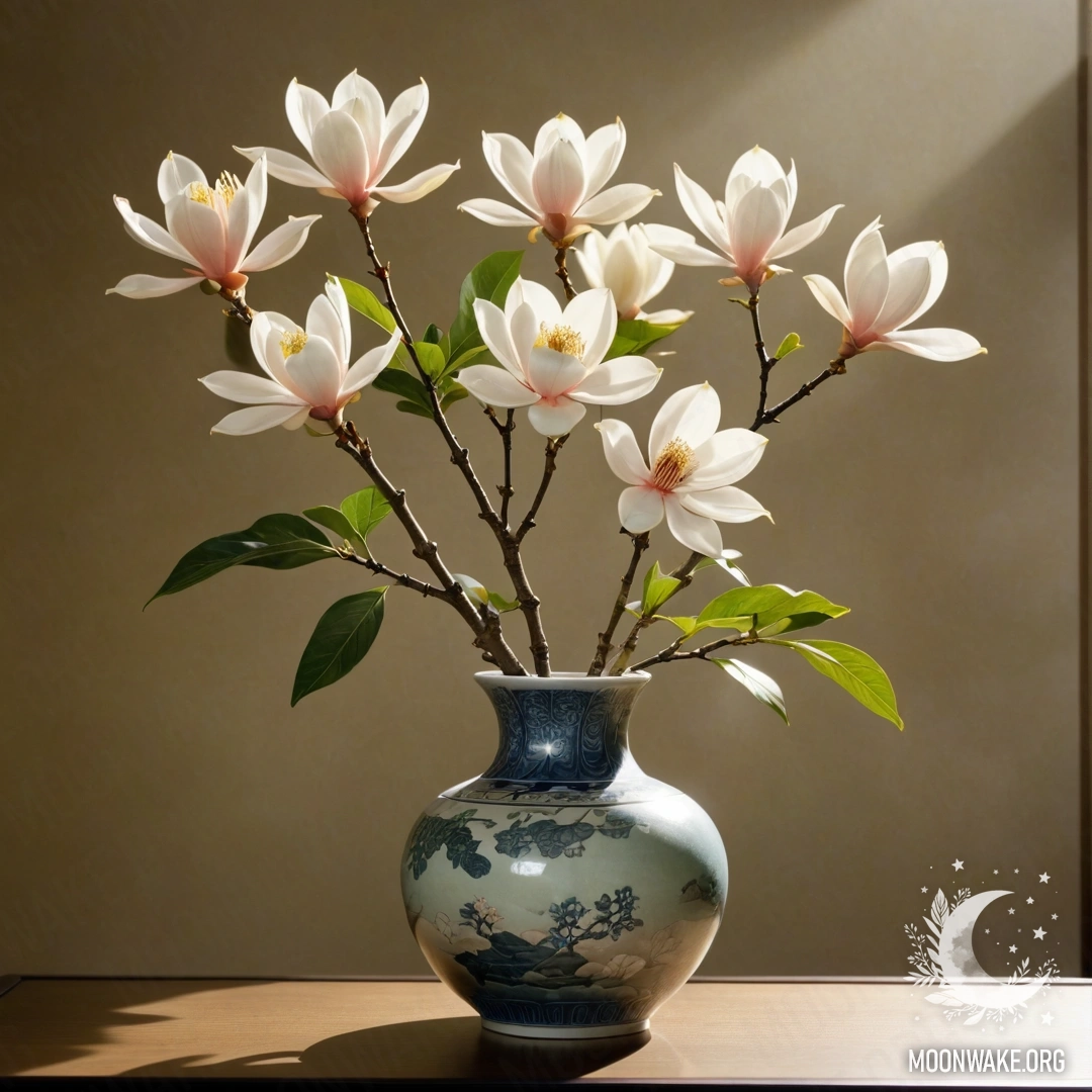 Мирная магнолия в вазе цвета шалфея, окружённая туманом и солнечными лучами.