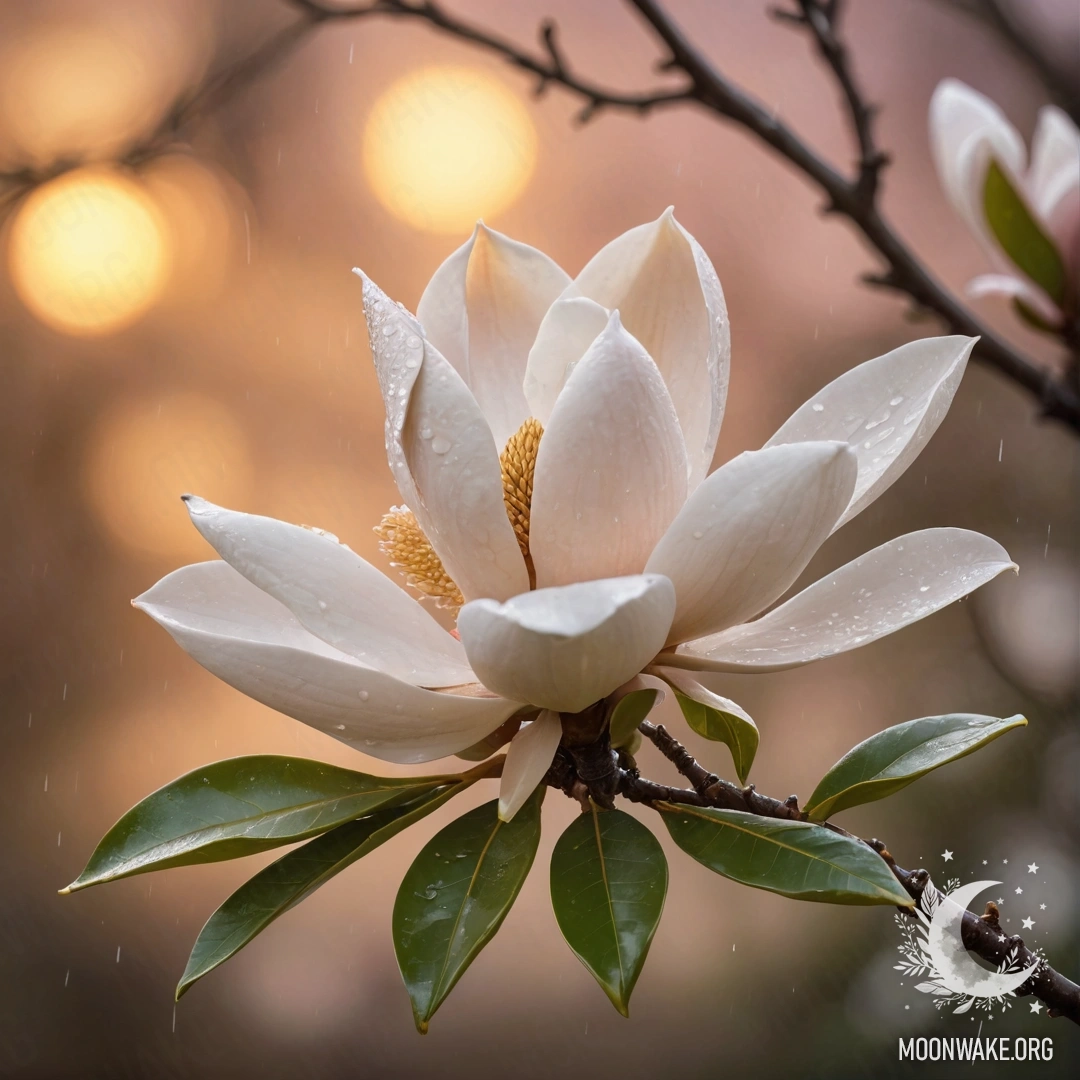 Магнолия под нежным дождем на фоне заката золотистого цвета.