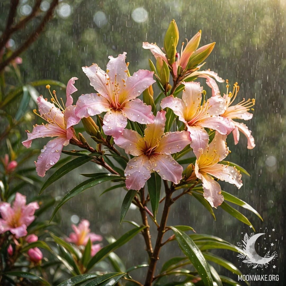 Нежная розовая магнолия с каплями дождя в корзине, освещенная солнечными лучами.