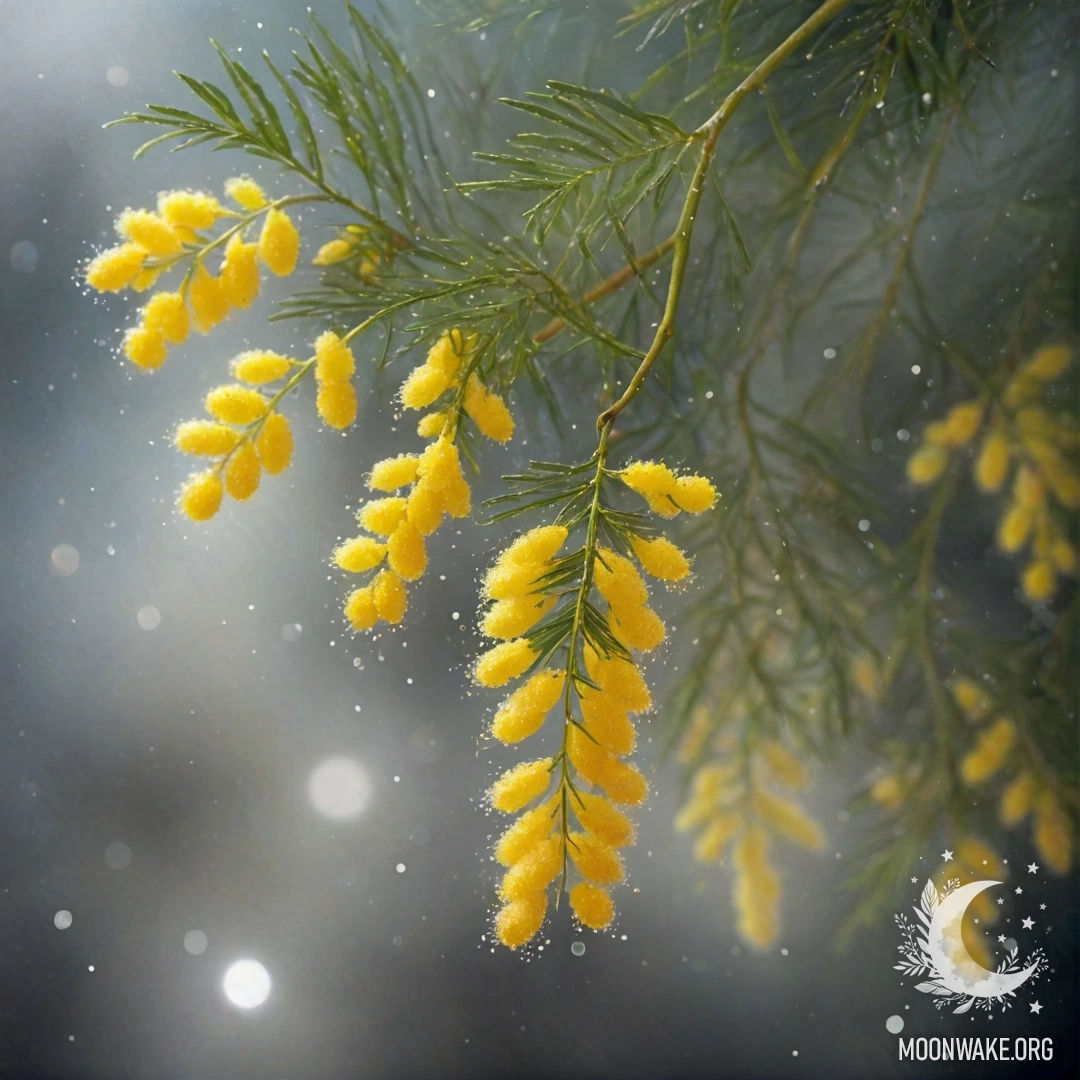 Спокойная акварельная картина мимозы в тумане ночью с блестящими пастельными цветами.