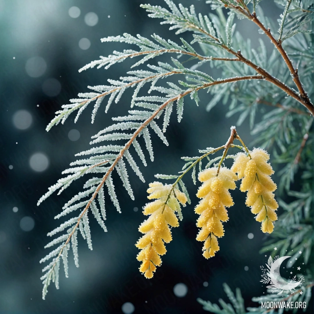 Спокойный цветок мимозы, покрытый морозом под ночным небом, сверкающий блёстками.