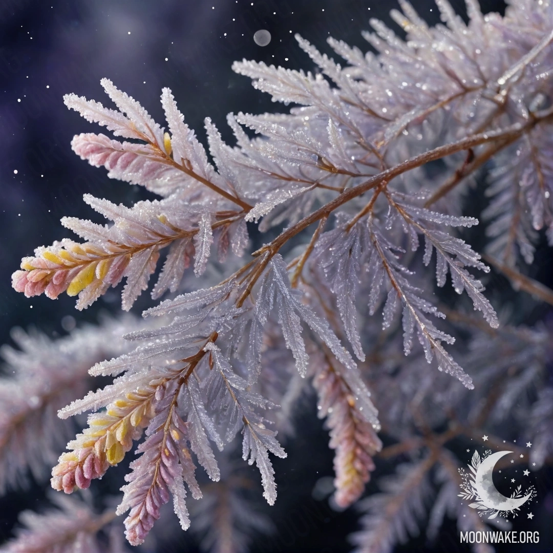 Спокойная лаванда мимоза, окруженная инеем ночью с искрящимися эффектами.