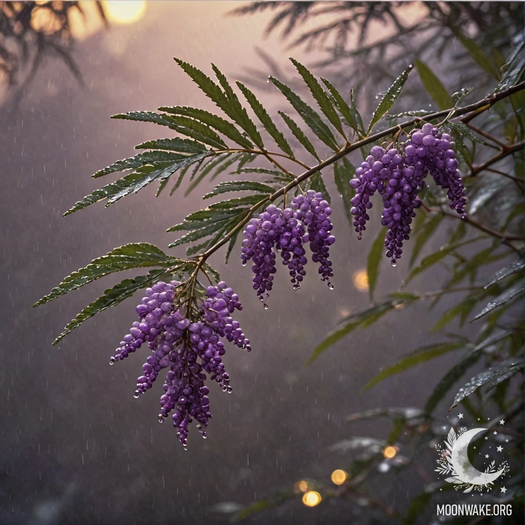 Спокойная фиолетовая мимоза, окруженная туманом и дождем на закате.