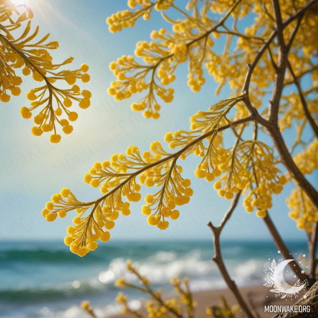 Спокойная мимоза с солнечными лучами и стразами, похожая на цвет морских волн.