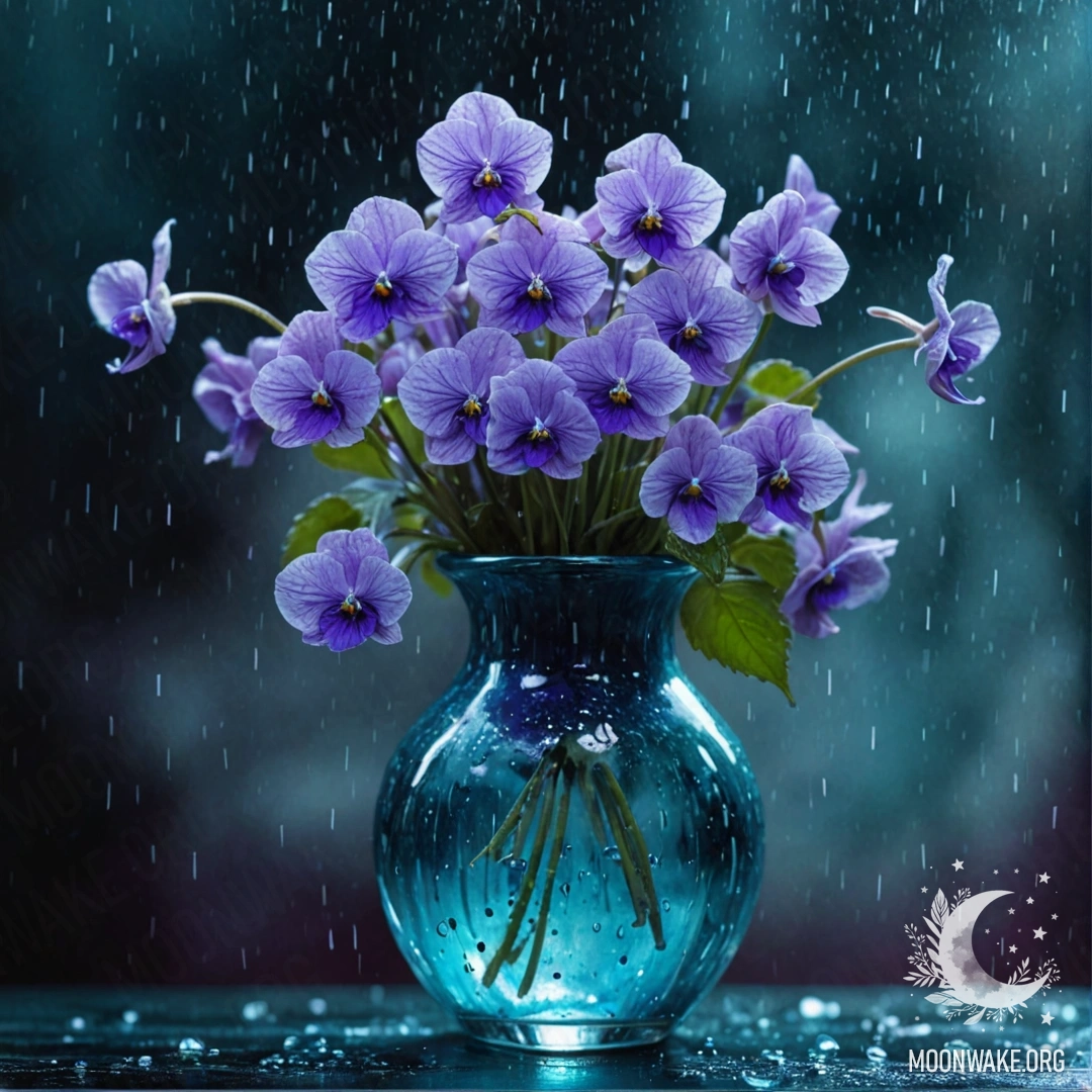 Спокойная цифровая картина мимозы, омываемой дождем под ночью.