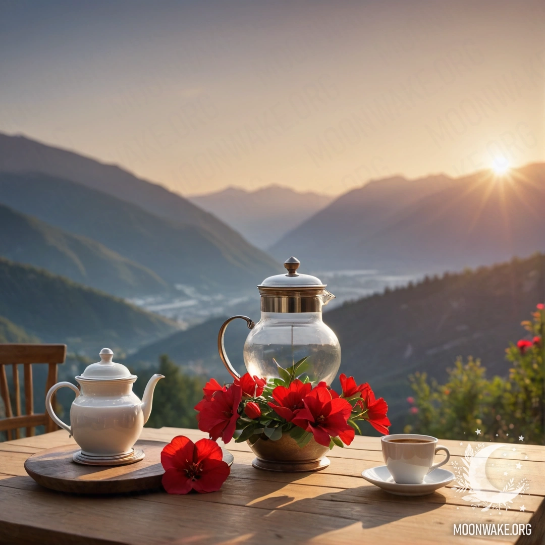 Деревянный стол с банкой красных цветов, кофейником и чашками на фоне гор во время заката.