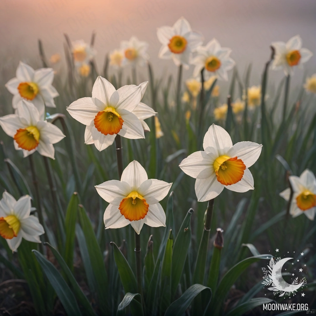 Спокойный цветок нарцисса исчезает в тумане на закате с красными оттенками.