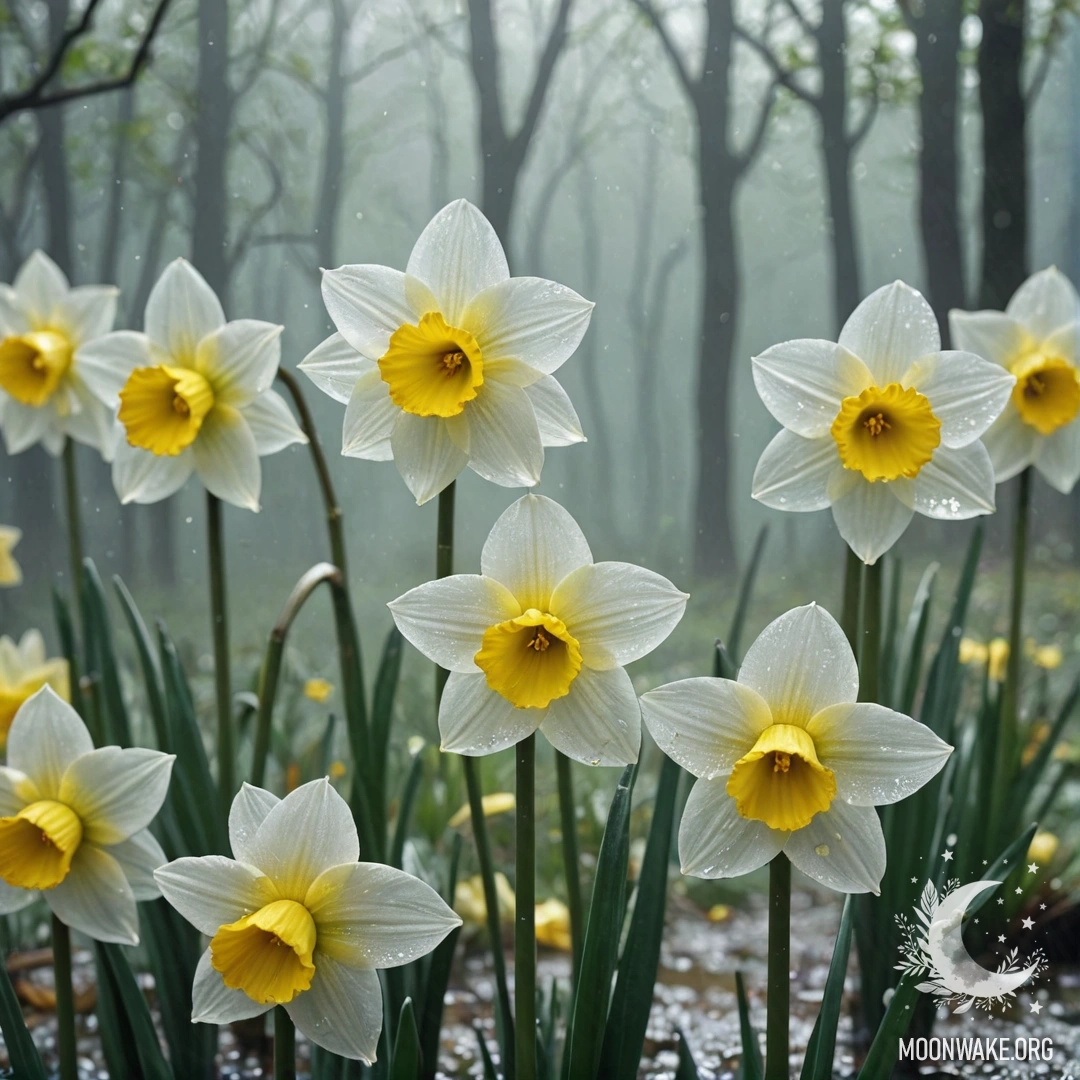 Нарцисс лимонного цвета, окруженный туманом и искрами света.