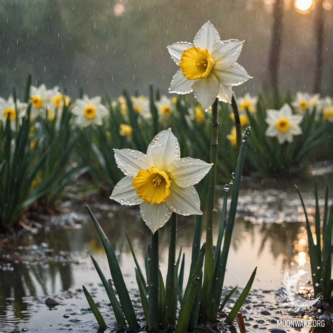 Спокойный цветок нарцисса, окутанный дымкой, сверкающий каплями дождя на закате.