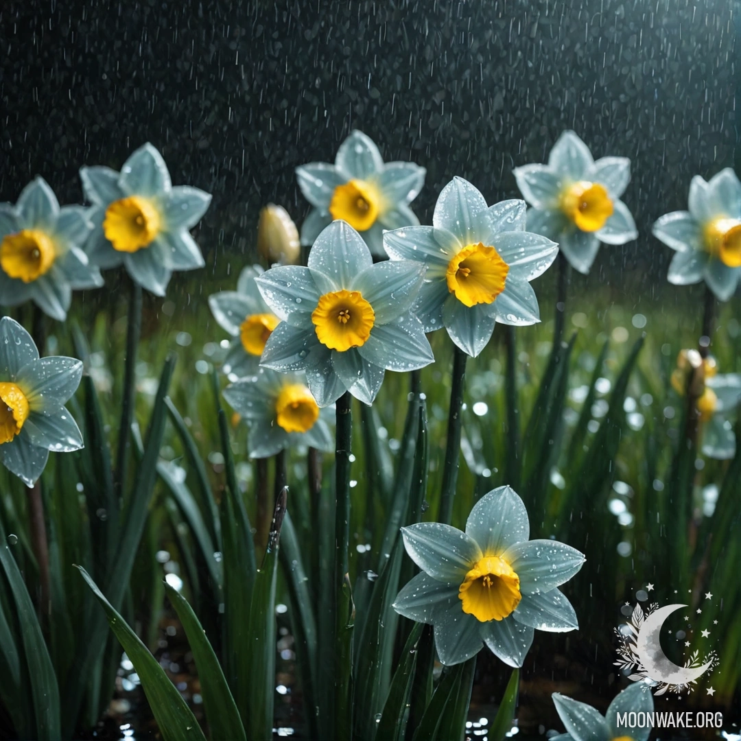 Спокойный цветок нарцисса в тумане, окруженный дождем ночью.