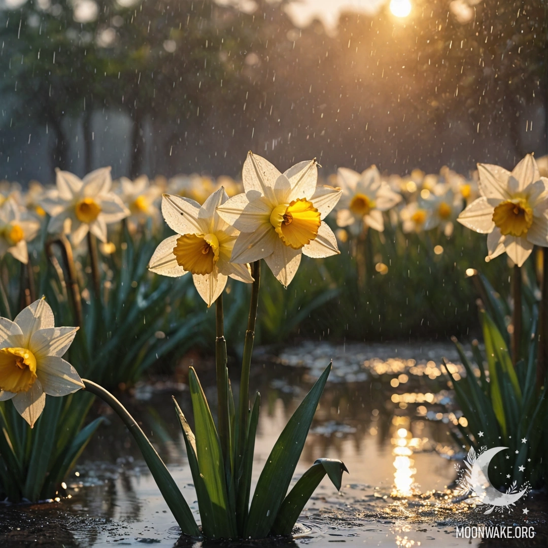 Изящный цветок нарцисса, окруженный туманом и дождем на закате, сверкающий золотом.