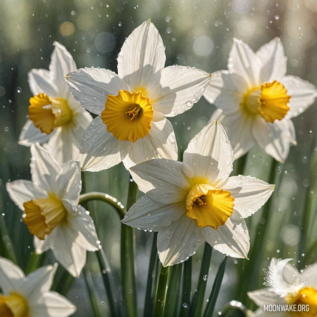 Мирный цветок нарцисса, украшенный каплями росы, сверкающими на солнце.