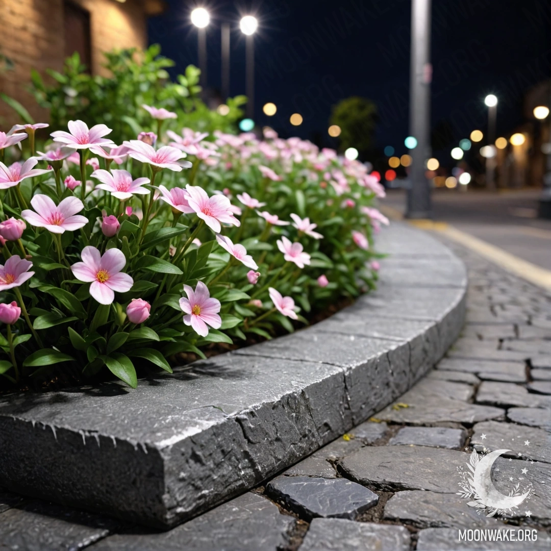 Старый каменный бордюр с маленькими белыми и розовыми цветами, растущими ночью.