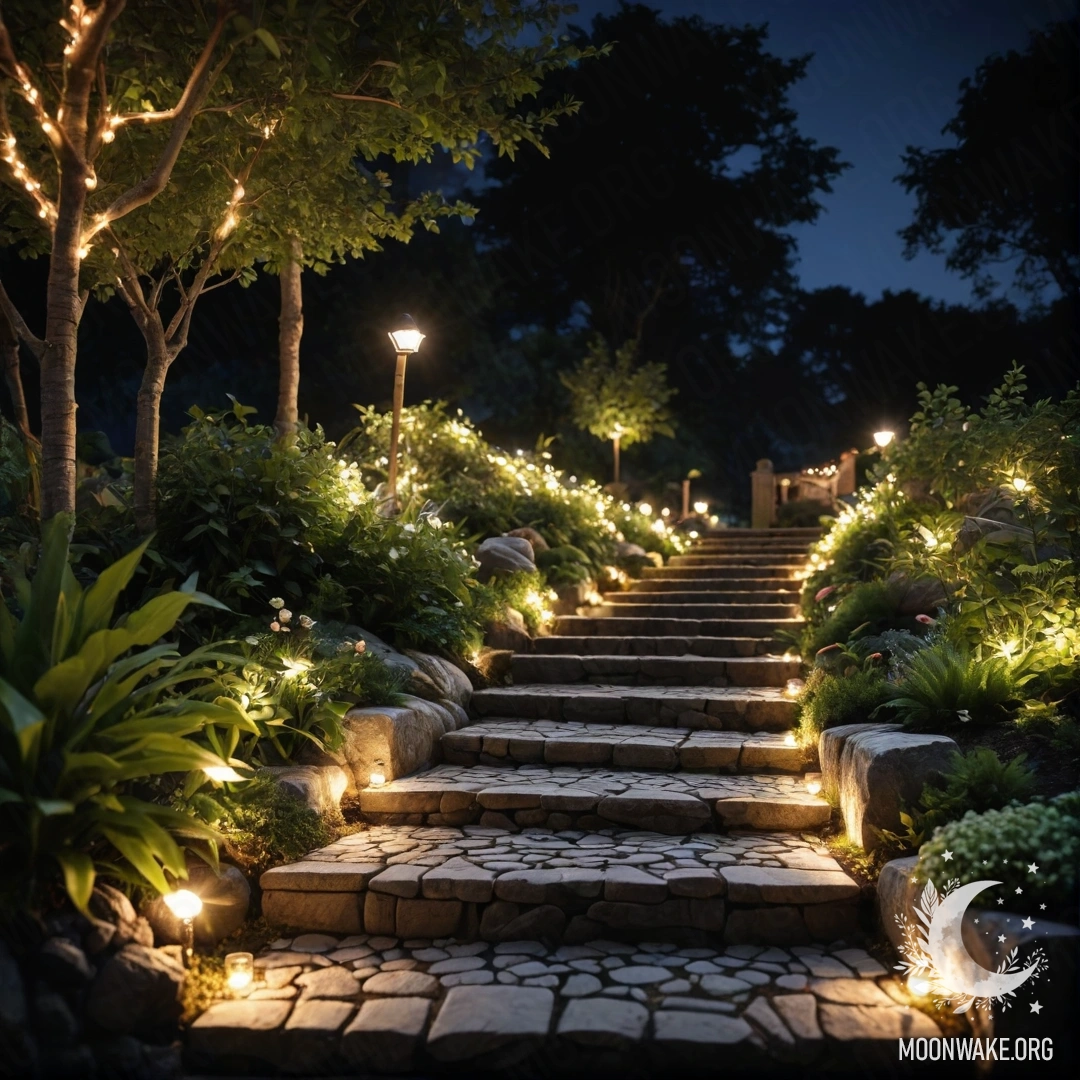 Фотореалистичное изображение тихого сада ночью, с яркими гирляндами, каменной дорожкой и деревянной лестницей.