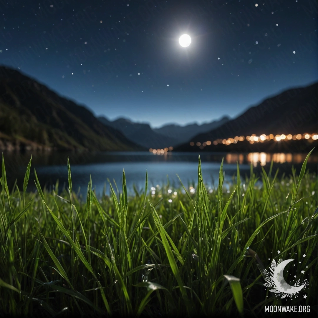 Крупный план травы в мирном поле на фоне размытого озера и гор ночью.