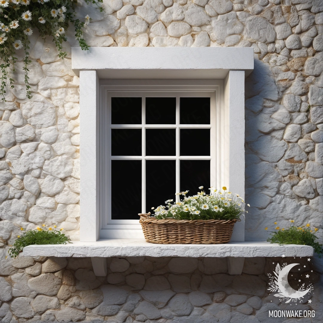 Спокойная сцена с белой каменной стеной, открытым окном и корзиной с ромашками на подоконнике на фоне ночного неба.
