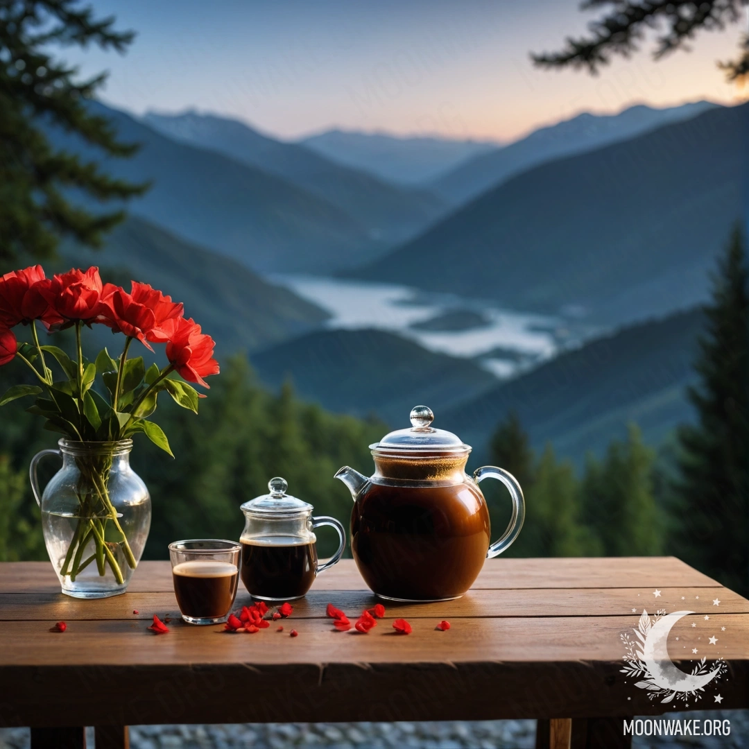 Деревянный стол ночью с банкой красных цветов, кофе-чайником и чашками на фоне гор.