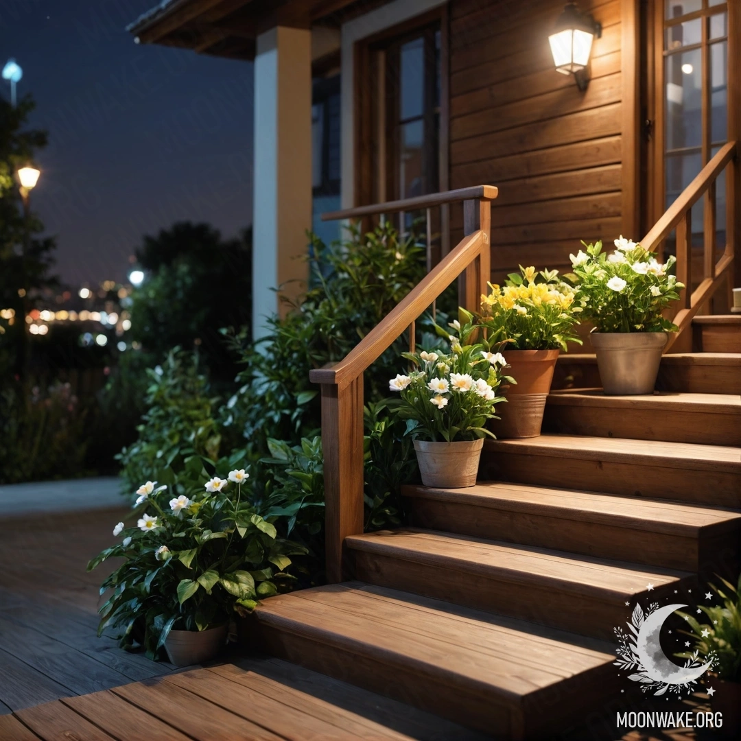 Спокойная деревянная лестница, украшенная горшками с цветами, ночью.