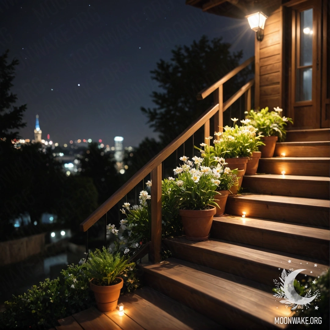 Спокойная деревянная лестница, украшенная цветочными горшками, ночью.