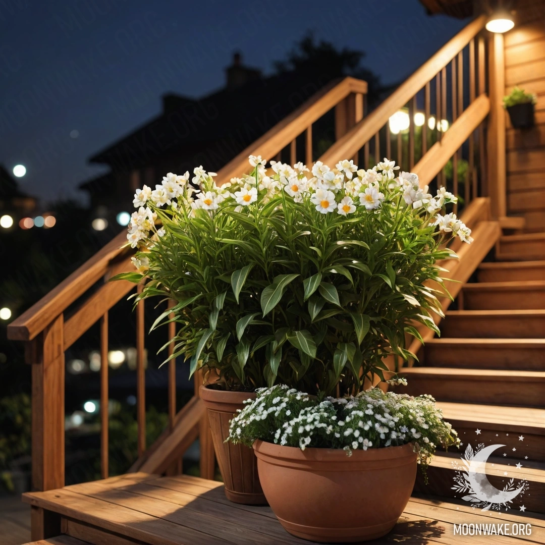 Деревянная лестница, украшенная цветочными горшками ночью, создаёт спокойную атмосферу.