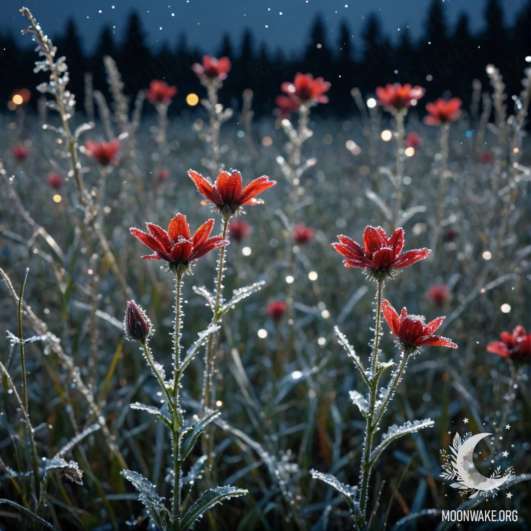 Спокойная сцена диких цветов, покрытых морозом ночью, мерцающих красными стразами.