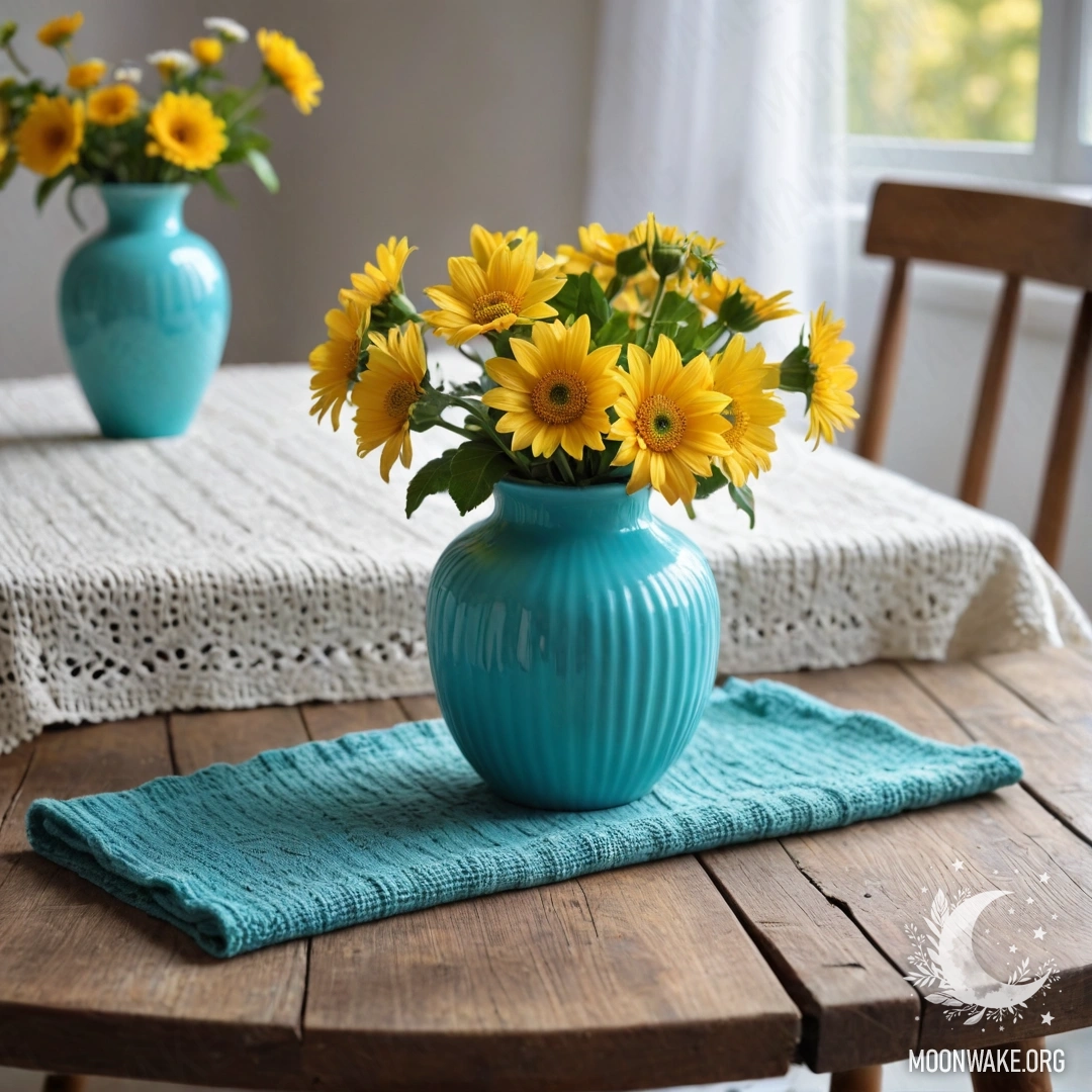 Старый потрёпанный деревянный стол с белой вязаной скатертью и бирюзовой вазой, наполненной жёлтыми цветами.
