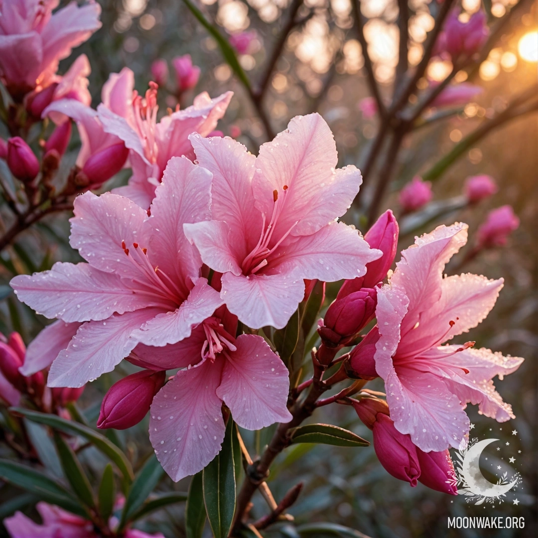 Олеандр, покрытый инеем на закате, с фуксиевыми оттенками в умиротворяющем окружении.